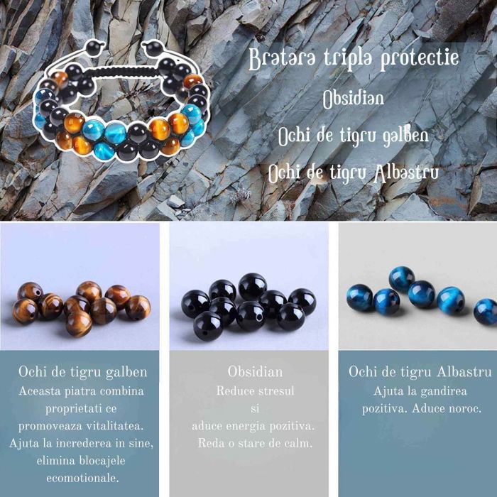 Bratara energetica cu tripla protectie, realizata din pietre semipretioase Obsidian, Ochi de tigru galben si Ochi de tigru albastru de 8 mm – bratara pentru noroc, protectie, stare de bine [2]