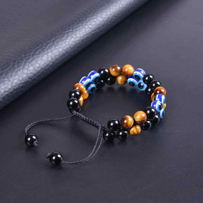 Bratara cu tripla protectie din pietre naturale 8mm Ochi de tigru natural, Obsidian negru si "Ochiul rau" - Pentru noroc si prosperitate, fericire [6]