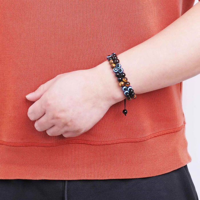 Bratara cu tripla protectie din pietre naturale 8mm Ochi de tigru natural, Obsidian negru si "Ochiul rau" - Pentru noroc si prosperitate, fericire [4]