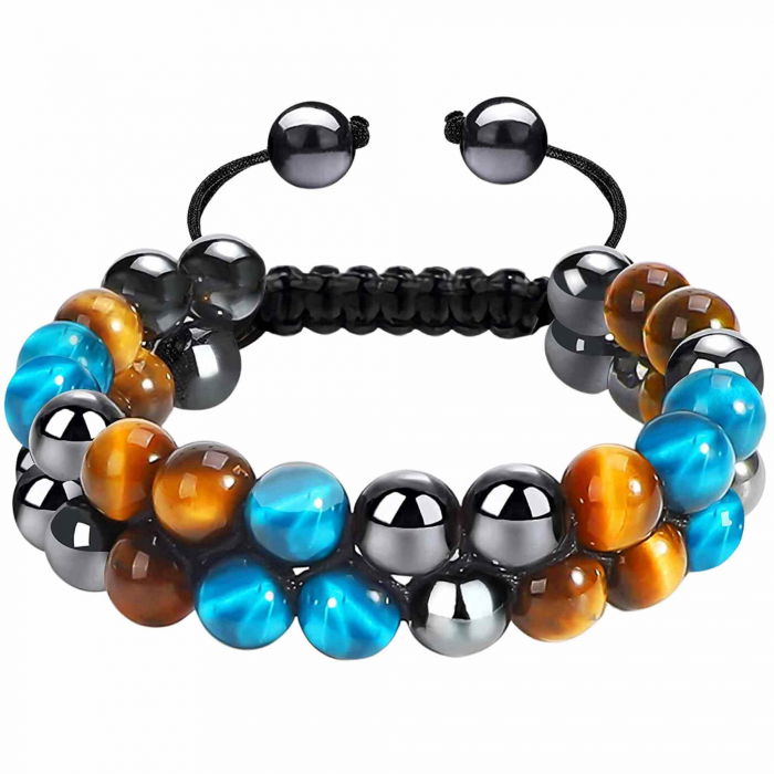 Bratara energetica cu tripla protectie, realizata din pietre semipretioase hematit, ochi de tigru galben si ochi de tigru albastru de 8 mm – bratara pentru energie, protectie, meditatie [1]