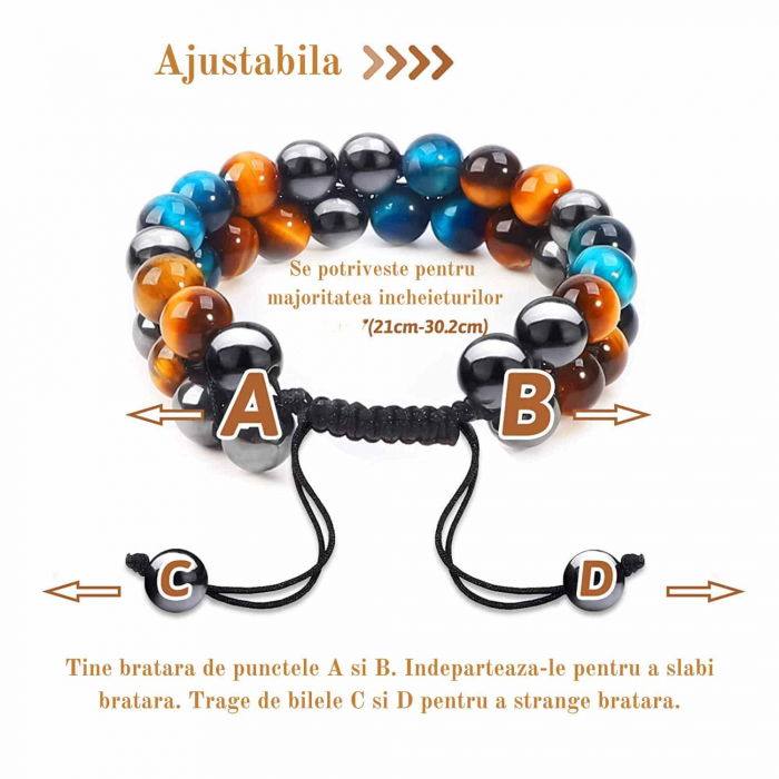 Bratara energetica cu tripla protectie, realizata din pietre semipretioase hematit, ochi de tigru galben si ochi de tigru albastru de 8 mm – bratara pentru energie, protectie, meditatie [6]