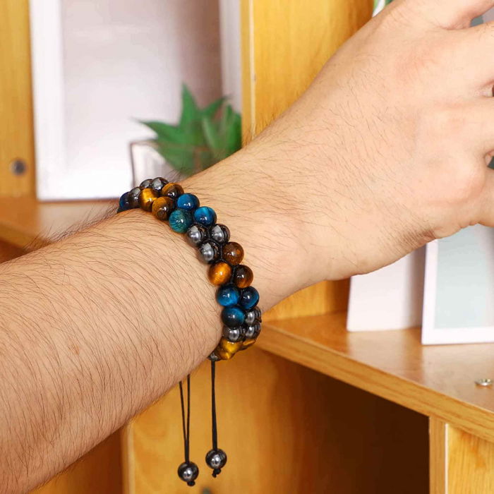 Bratara energetica cu tripla protectie, realizata din pietre semipretioase hematit, ochi de tigru galben si ochi de tigru albastru de 8 mm – bratara pentru energie, protectie, meditatie [3]