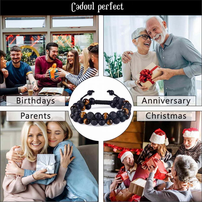 Bratara cu tripla protectie Ochi de tigru, onix negru mat si roca vulcanica - Margele de 8 mm, realizata manual pentru barbati si femei, aduce noroc, prosperitate si fericire [6]