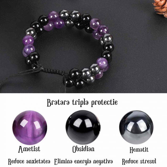 Bratara tripla protectie cu pietre semipretioase 6mm ametist, hematit si obsidian negru -  Imbunatateste carisma, norocul si fericirea [2]