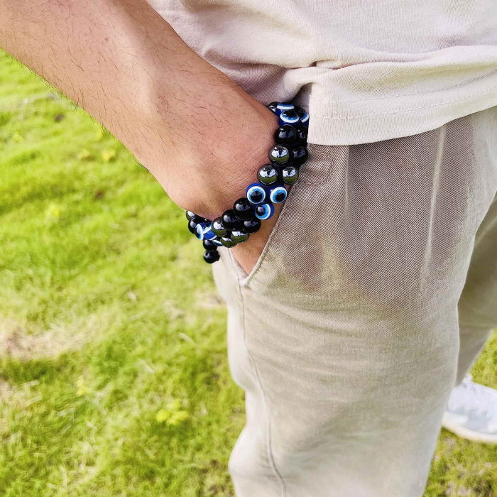 Bratara cu tripla protectie margele 8 mm cu "Ochiul rau", Obsidian negru si Hematit - Aduce noroc si bogatie [3]