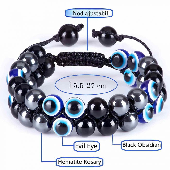 Bratara cu tripla protectie margele 8 mm cu "Ochiul rau", Obsidian negru si Hematit - Aduce noroc si bogatie [2]