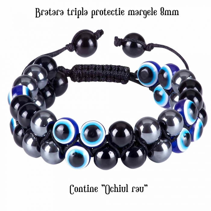 Bratara cu tripla protectie margele 8 mm cu "Ochiul rau", Obsidian negru si Hematit - Aduce noroc si bogatie [6]