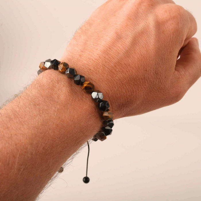 Bratara de tripla protectie lucrata manual din piatra fatetata naturala - Hematita, ochi de tigru si obsidian negru 8mm - Cadouri spirituale pentru curaj [6]