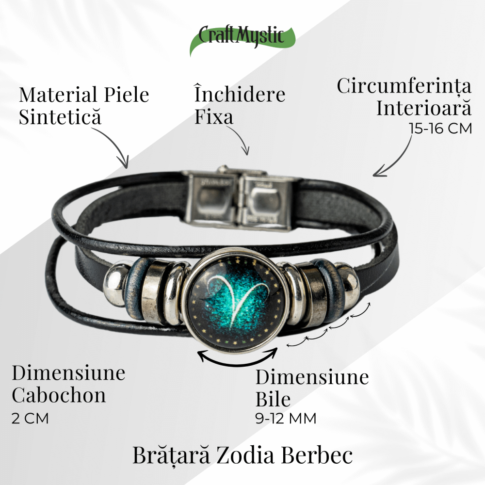 Bratara Zodiacala ajustabila din Piele Sintetica cu Cabochon Rotund – Simbol Astrologic Personalizat pentru Energie si Identitate Astrala [5]