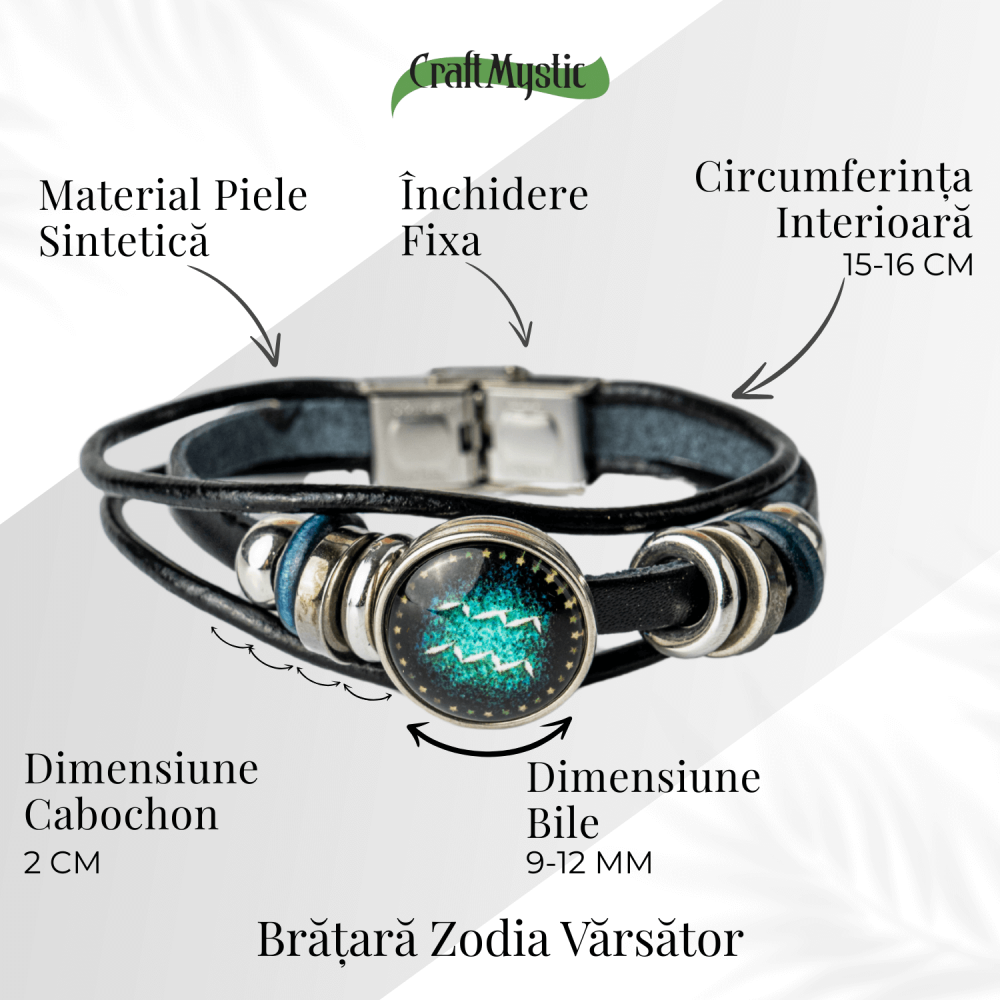 Bratara Zodiacala ajustabila din Piele Sintetica cu Cabochon Rotund – Simbol Astrologic Personalizat pentru Energie si Identitate Astrala [5]