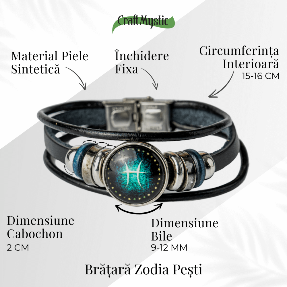 Bratara Zodiacala ajustabila din Piele Sintetica cu Cabochon Rotund – Simbol Astrologic Personalizat pentru Energie si Identitate Astrala [5]