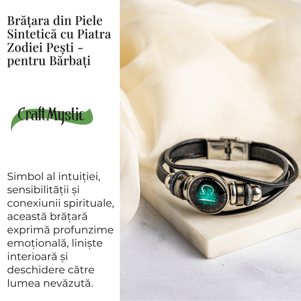 Bratara Zodiacala ajustabila din Piele Sintetica cu Cabochon Rotund – Simbol Astrologic Personalizat pentru Energie si Identitate Astrala [3]