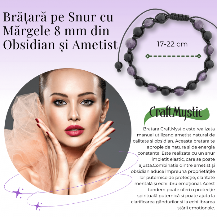 Bratara Reglabila cu Obsidian si Ametist 8mm - Protectie si Liniste Interioara [2]