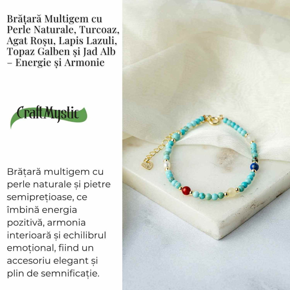Bratara Multigem – Turcoaz, Agat Rosu, Lapis Lazuli, Jad Alb, Topaz Galben si Perla Naturala – Energie Pozitiva si Armonie [3]