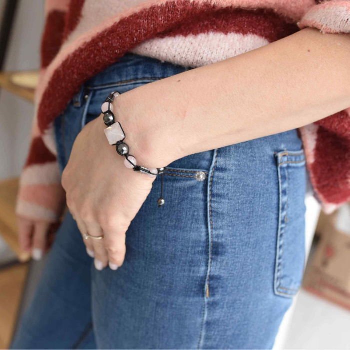 Bratara Ajustabila Impletita cu Margele din Cuart Roz si Hematit de 8mm si Forma de Piramida - Cadou Special [5]