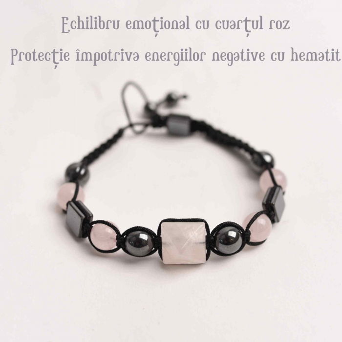 Bratara Ajustabila Impletita cu Margele din Cuart Roz si Hematit de 8mm si Forma de Piramida - Cadou Special [3]