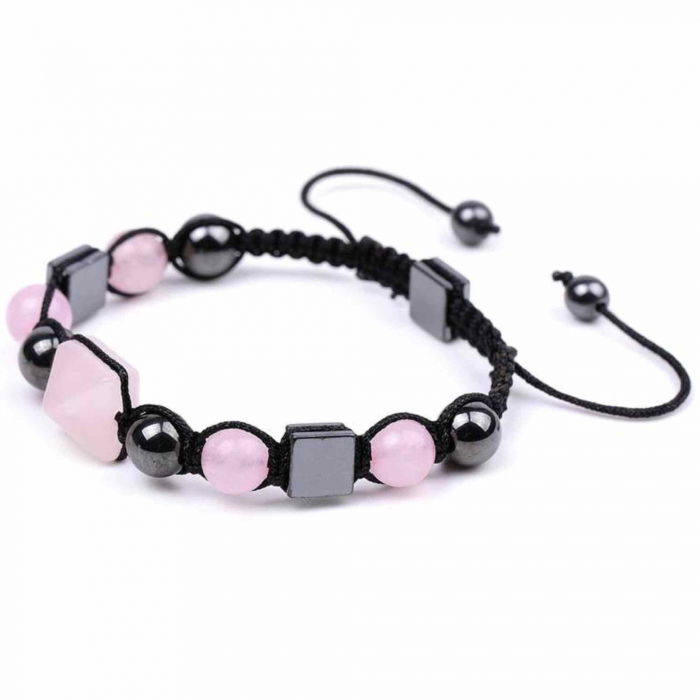 Bratara Ajustabila Impletita cu Margele din Cuart Roz si Hematit de 8mm si Forma de Piramida - Cadou Special [1]