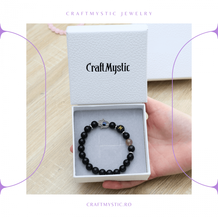  Bratara pentru Zodii cu Margele de Obsidian, Pandantiv Mana Fatimei si Ochiul "Rau" [74]
