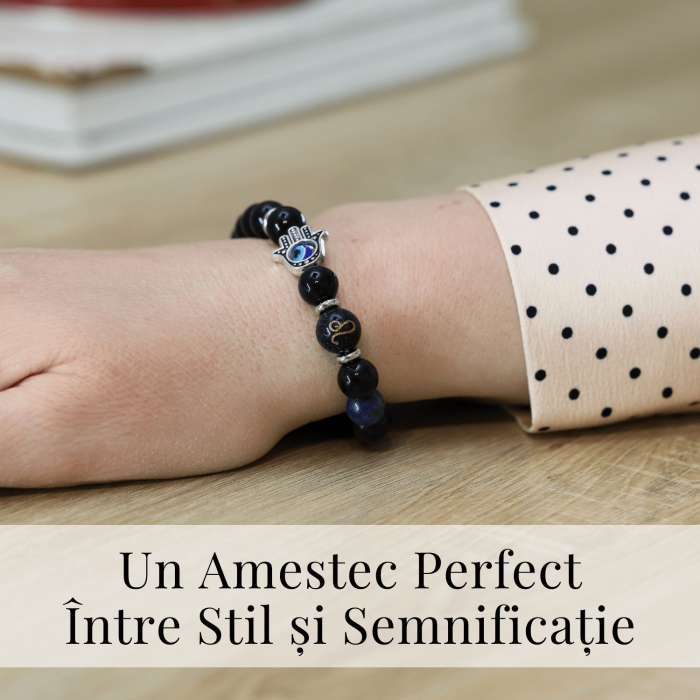  Bratara pentru Zodii cu Margele de Obsidian, Pandantiv Mana Fatimei si Ochiul "Rau" [94]