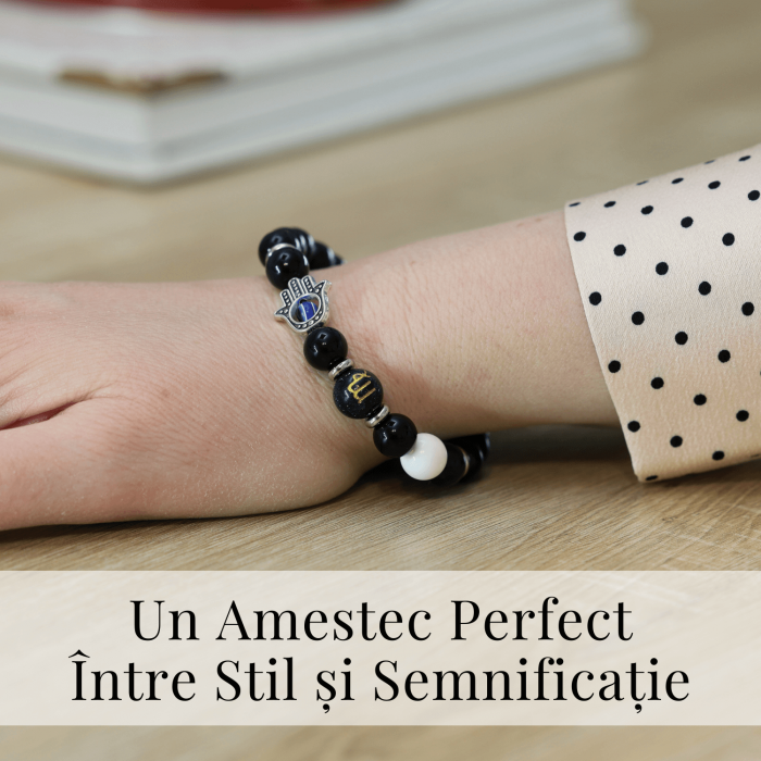  Bratara pentru Zodii cu Margele de Obsidian, Pandantiv Mana Fatimei si Ochiul "Rau" [102]