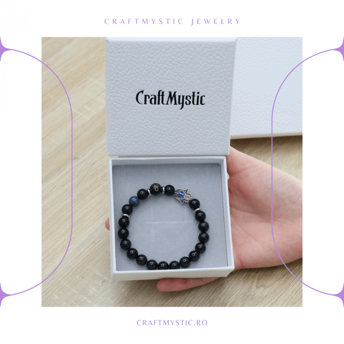  Bratara pentru Zodii cu Margele de Obsidian, Pandantiv Mana Fatimei si Ochiul "Rau" [90]