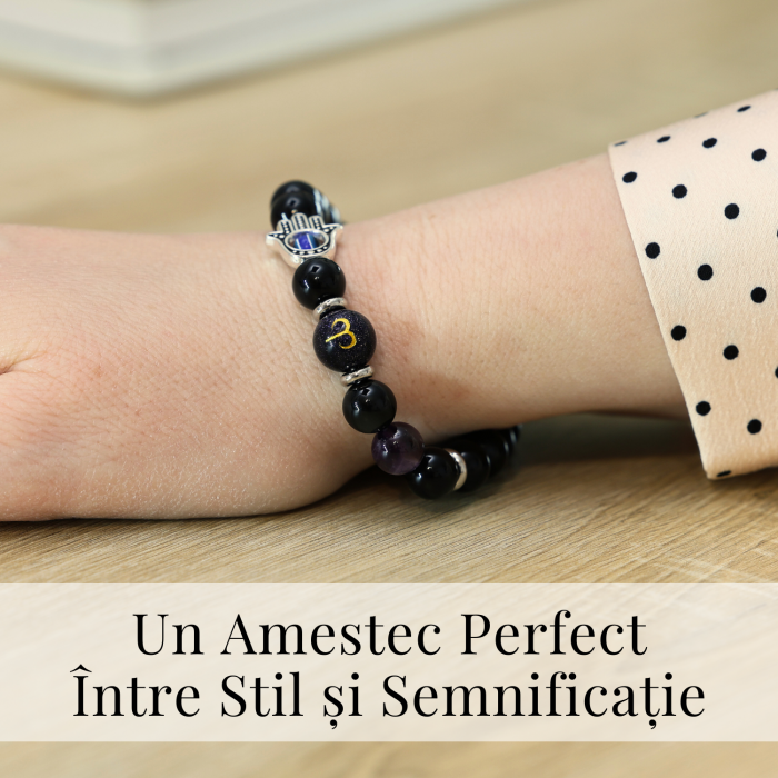  Bratara pentru Zodii cu Margele de Obsidian, Pandantiv Mana Fatimei si Ochiul "Rau" [2]