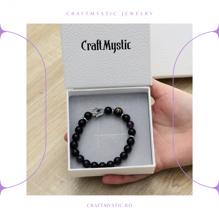  Bratara pentru Zodii cu Margele de Obsidian, Pandantiv Mana Fatimei si Ochiul "Rau" [7]