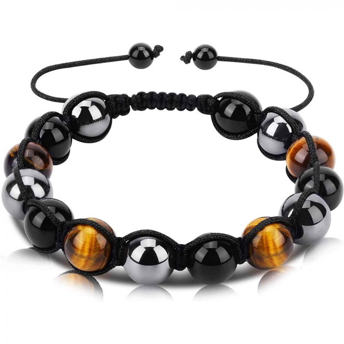Bratara reglabila cu tripla protectie din obsidian negru, ochi de tigru si hematit 10 mm - bratara feng shui pentru protectie, noroc si prosperitate [1]