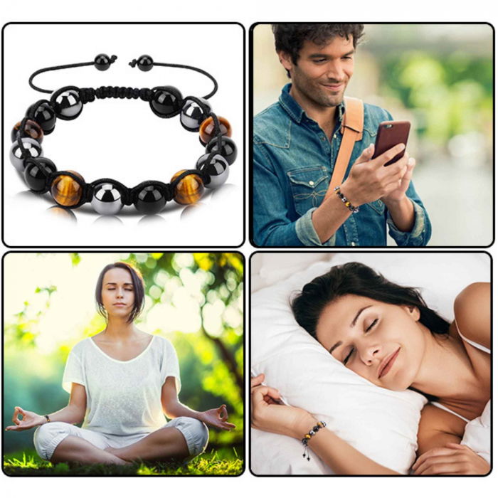 Bratara reglabila cu tripla protectie din obsidian negru, ochi de tigru si hematit 10 mm - bratara feng shui pentru protectie, noroc si prosperitate [5]