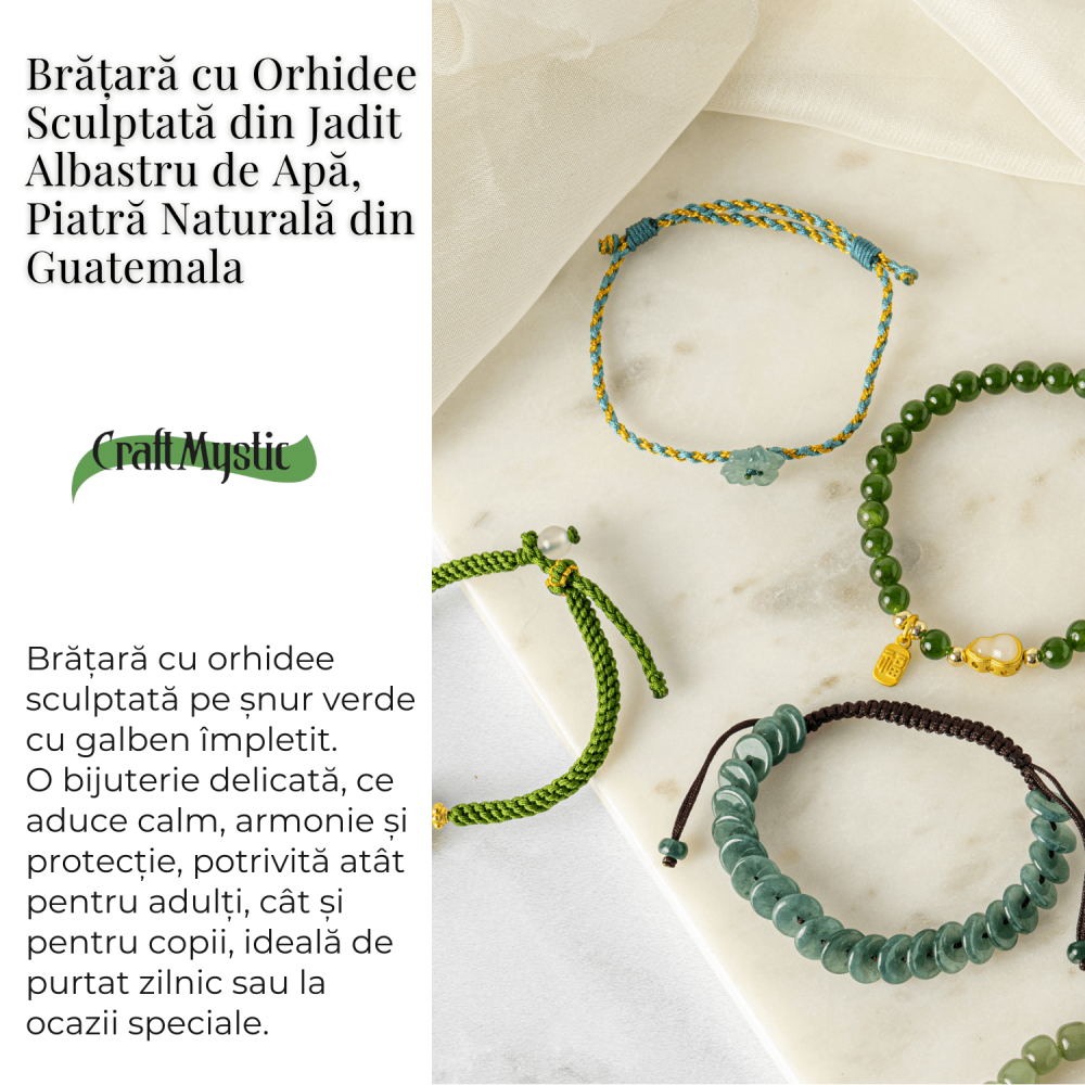 Bratara snur ajustabila cu orhidee sculptata din jadit albastru de apa natural Guatemala [3]