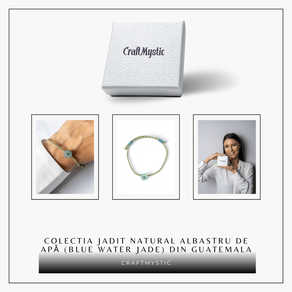 Bratara snur ajustabila cu orhidee sculptata din jadit albastru de apa natural Guatemala [8]