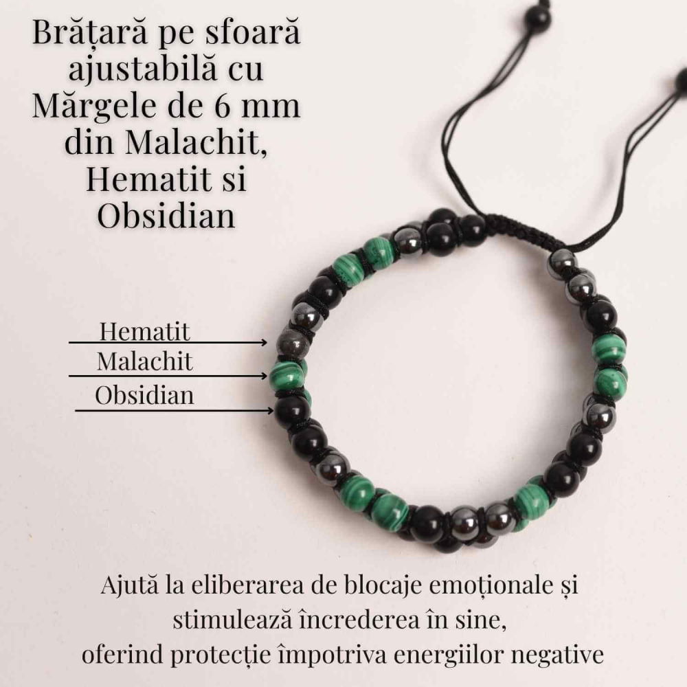 Bratara Tripla Protectie cu Cristale de Malachit, Obsidian Negru si Hematit - Echilibru si Forta [3]