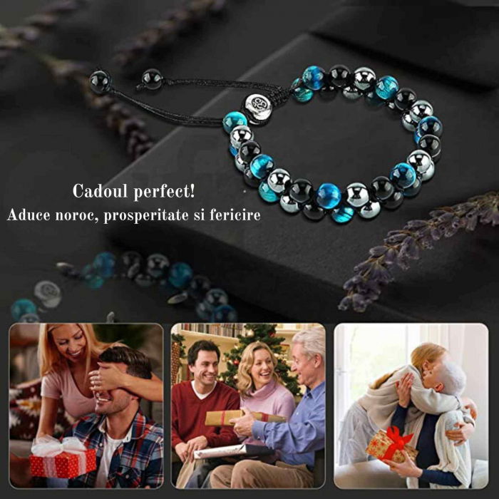 Bratara tripla protectie cu margele 8mm din 3 pietre semipretioase: Ochi de tigru albastru, Hematita si Obsidian [5]