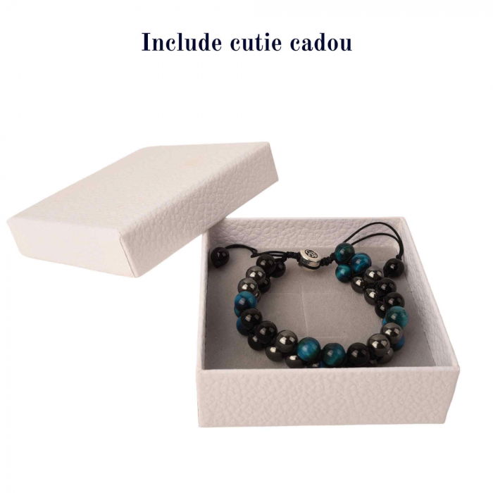 Bratara tripla protectie cu margele 8mm din 3 pietre semipretioase: Ochi de tigru albastru, Hematita si Obsidian [6]