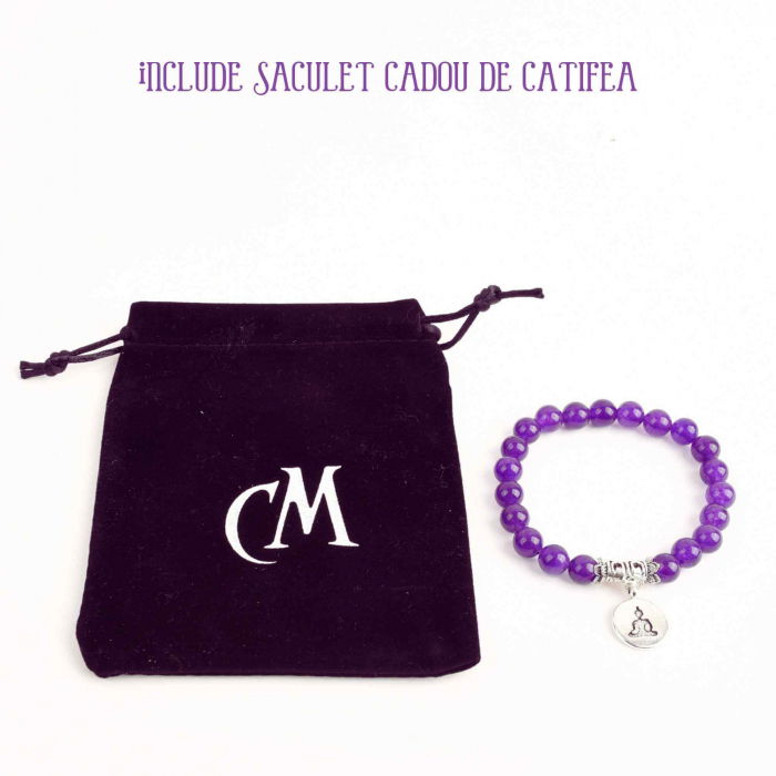 Bratara zen cu cristale semipretioase din ametist 8 mm si pandantiv argintiu gravat cu Buddha - Bratara feng shui pentru meditatie, liniste, echilibru [3]