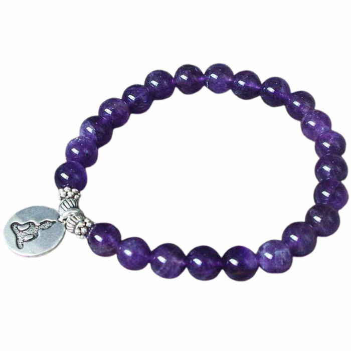 Bratara zen cu cristale semipretioase din ametist 8 mm si pandantiv argintiu gravat cu Buddha - Bratara feng shui pentru meditatie, liniste, echilibru [5]