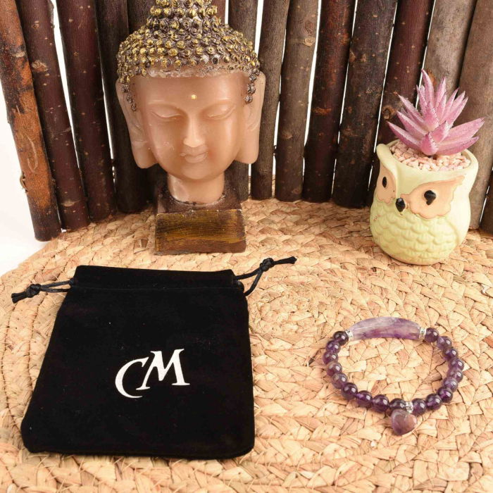 Bratara zen cu pietre semipretioase Ametist si pandantiv scluptat in forma de inima - bratara feng shui pentru meditatie, liniste, echilibru [3]