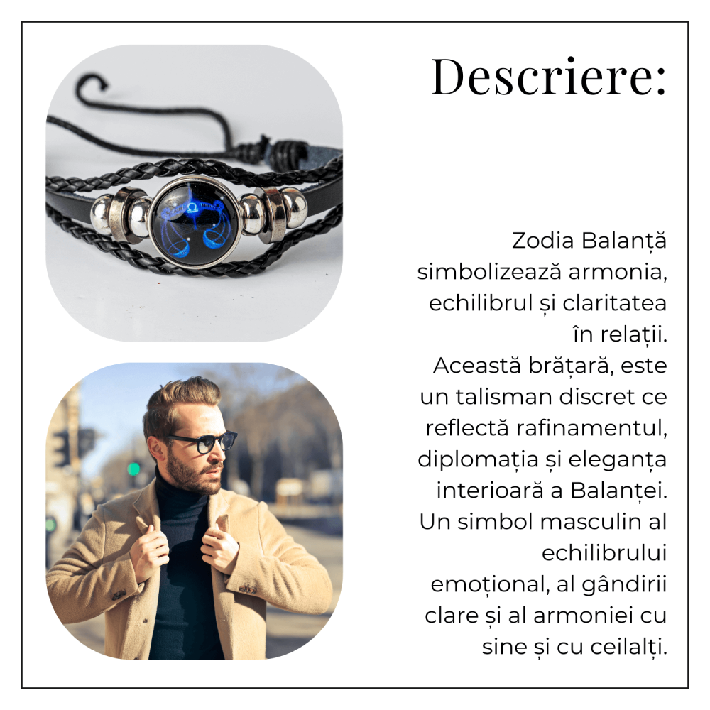 Bratara Zodiacala ajustabila din Piele Sintetica cu Cabochon Rotund – Simbol Astrologic Personalizat pentru Energie si Identitate Astrala [53]