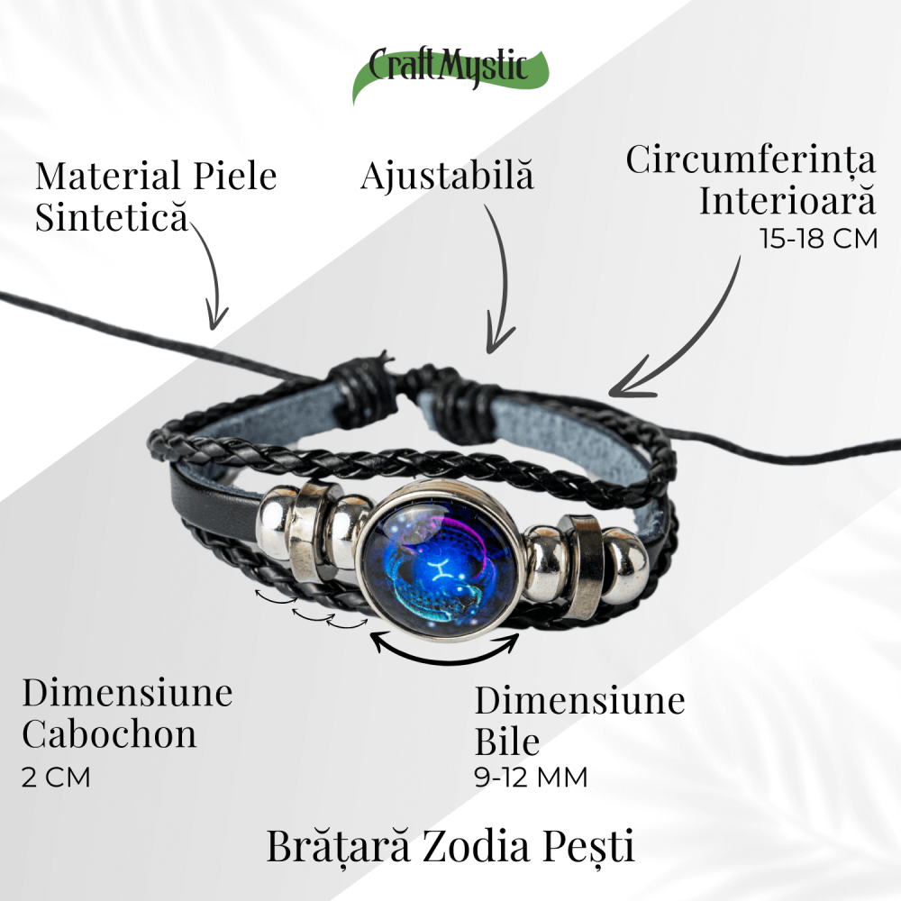 Bratara Zodiacala ajustabila din Piele Sintetica cu Cabochon Rotund – Simbol Astrologic Personalizat pentru Energie si Identitate Astrala [19]