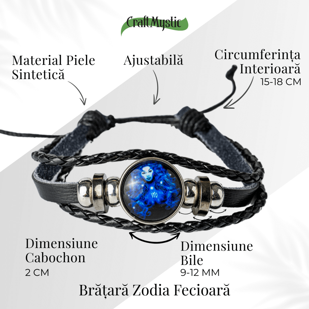 Bratara Zodiacala ajustabila din Piele Sintetica cu Cabochon Rotund – Simbol Astrologic Personalizat pentru Energie si Identitate Astrala [61]