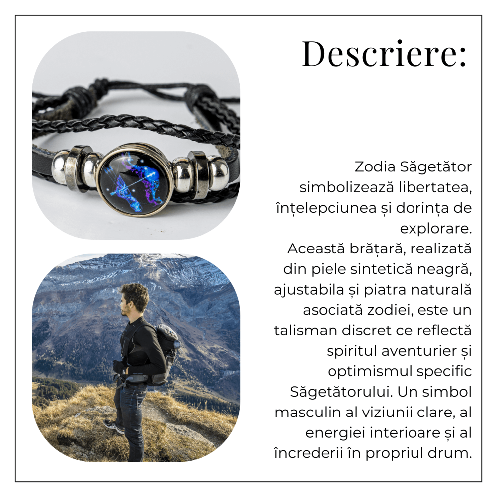 Bratara Zodiacala ajustabila din Piele Sintetica cu Cabochon Rotund – Simbol Astrologic Personalizat pentru Energie si Identitate Astrala [39]