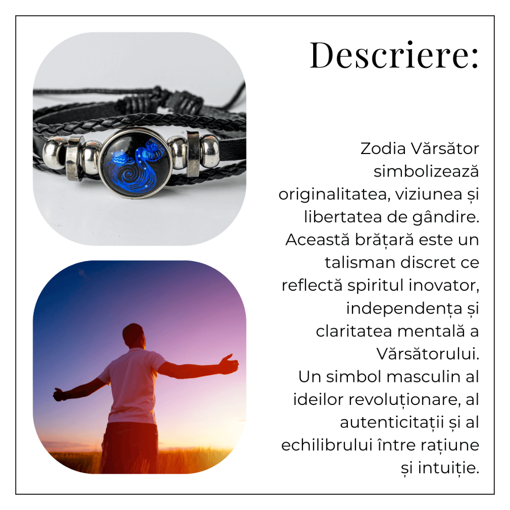Bratara Zodiacala ajustabila din Piele Sintetica cu Cabochon Rotund – Simbol Astrologic Personalizat pentru Energie si Identitate Astrala [25]