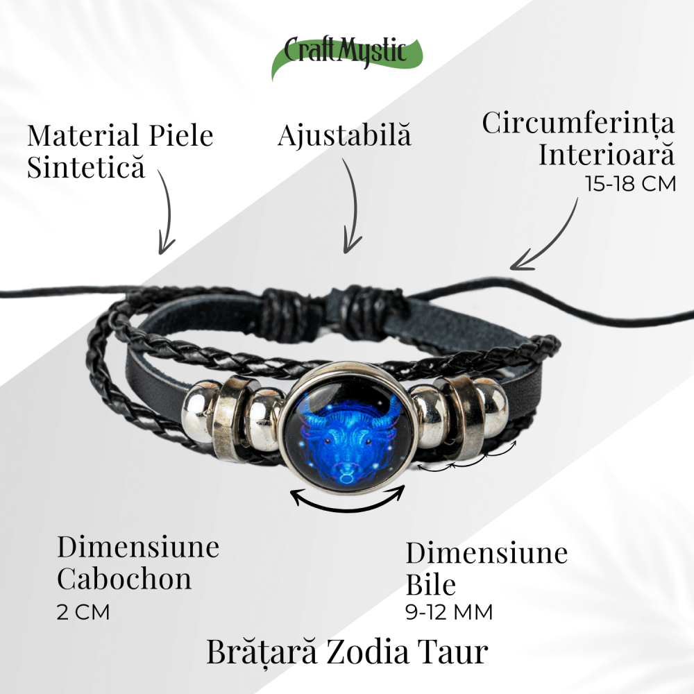Bratara Zodiacala ajustabila din Piele Sintetica cu Cabochon Rotund – Simbol Astrologic Personalizat pentru Energie si Identitate Astrala [89]