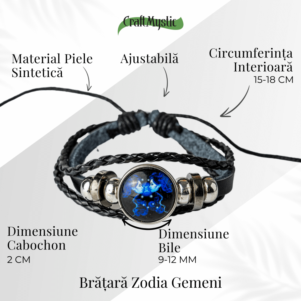 Bratara Zodiacala ajustabila din Piele Sintetica cu Cabochon Rotund – Simbol Astrologic Personalizat pentru Energie si Identitate Astrala [82]