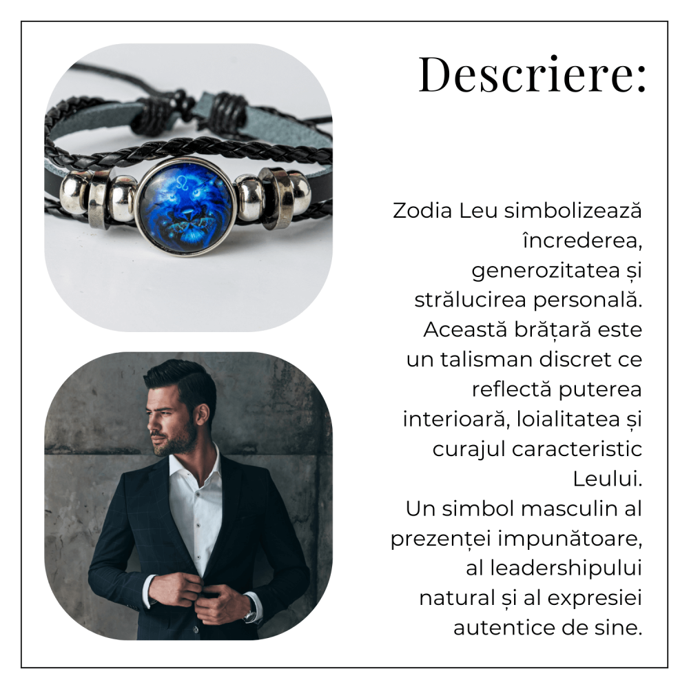 Bratara Zodiacala ajustabila din Piele Sintetica cu Cabochon Rotund – Simbol Astrologic Personalizat pentru Energie si Identitate Astrala [67]