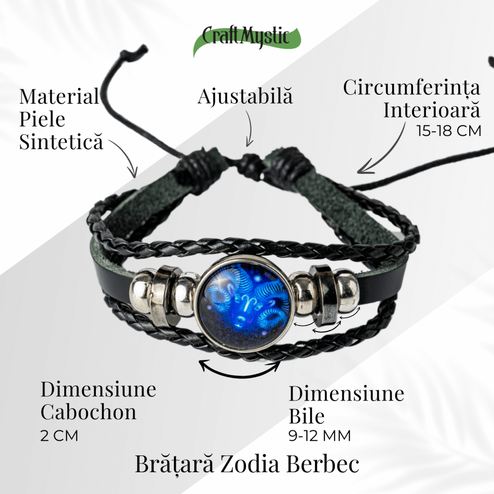 Bratara Zodiacala ajustabila din Piele Sintetica cu Cabochon Rotund – Simbol Astrologic Personalizat pentru Energie si Identitate Astrala [5]