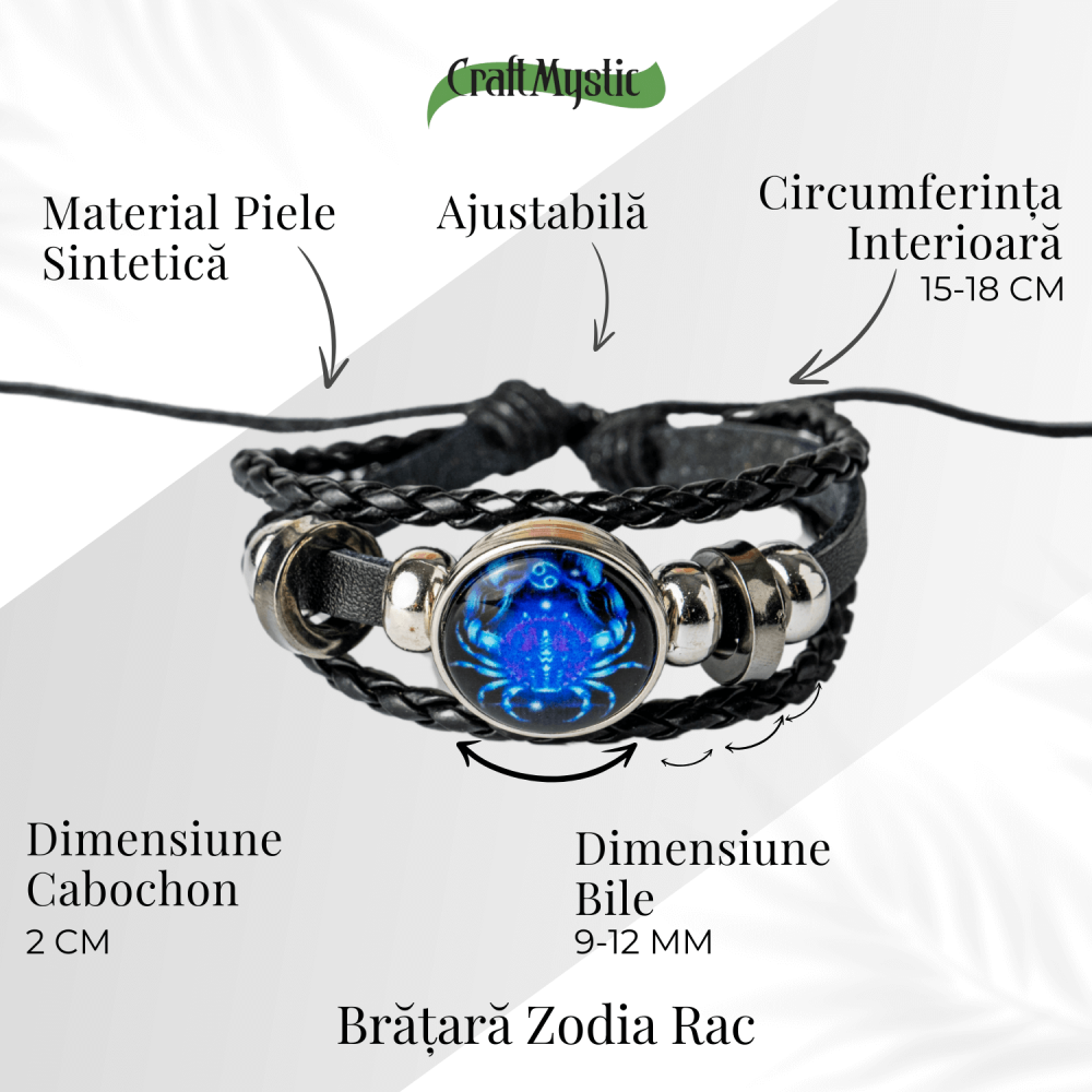 Bratara Zodiacala ajustabila din Piele Sintetica cu Cabochon Rotund – Simbol Astrologic Personalizat pentru Energie si Identitate Astrala [75]