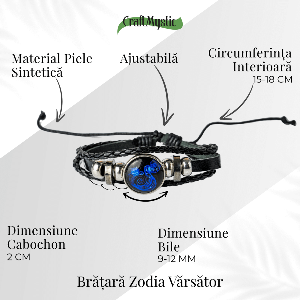 Bratara Zodiacala ajustabila din Piele Sintetica cu Cabochon Rotund – Simbol Astrologic Personalizat pentru Energie si Identitate Astrala [26]