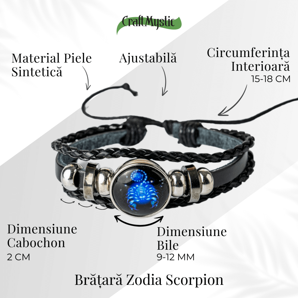 Bratara Zodiacala ajustabila din Piele Sintetica cu Cabochon Rotund – Simbol Astrologic Personalizat pentru Energie si Identitate Astrala [47]