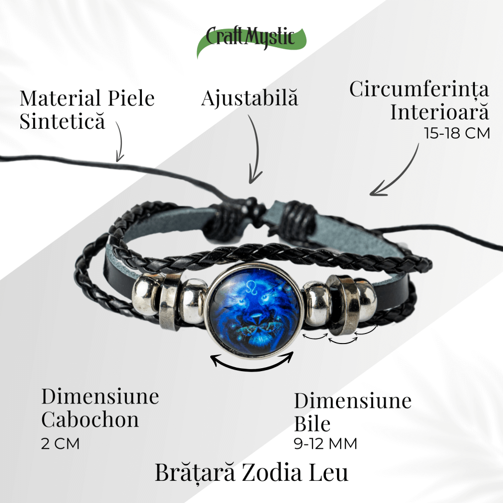 Bratara Zodiacala ajustabila din Piele Sintetica cu Cabochon Rotund – Simbol Astrologic Personalizat pentru Energie si Identitate Astrala [68]
